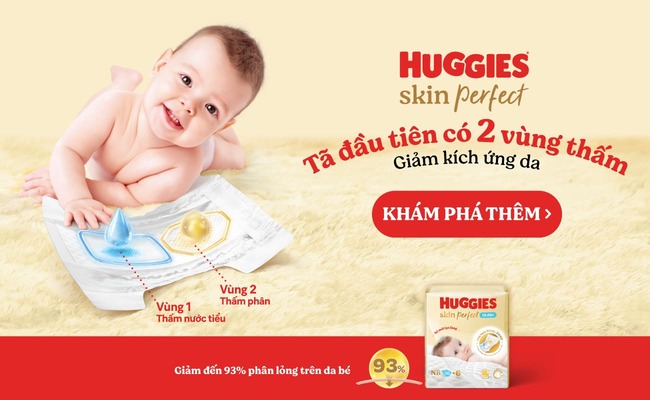 Tã Huggies Skin Perfect với khả năng giảm đến 93% phân lỏng trên da bé