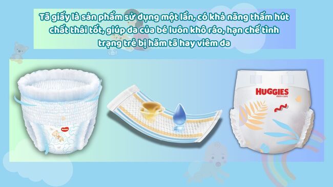 Tã giấy được sử dụng một lần, có khả năng thấm hút chất thải tốt, hạn chế tình trạng hăm da